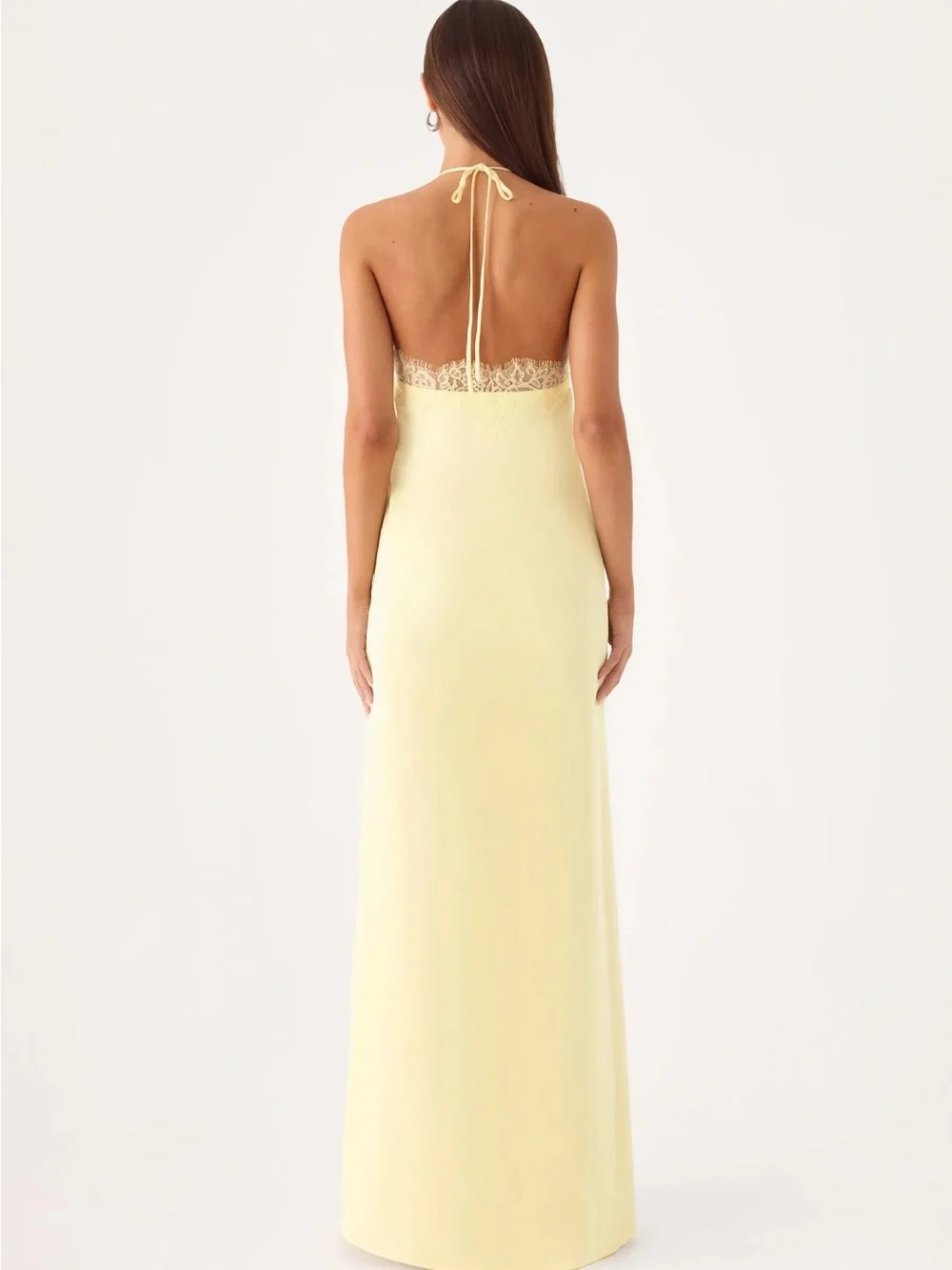 Halter Lace-Trim Satin Maxi Dress in Pale Yellow - Picture 3 of 3